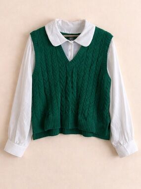 Christian Siriano White Collared Blouse Green Cable Knit Sweater Vest Preppy